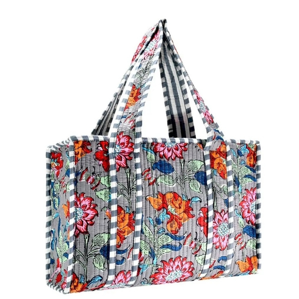 Floral Quilted Tote Bag in Gray with Multicolor Print